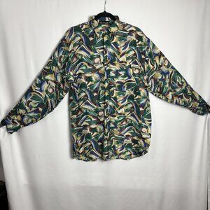 Silk Club S Green Blue Abstract Colorful Patterned Button Down Long Sleeve Shirt